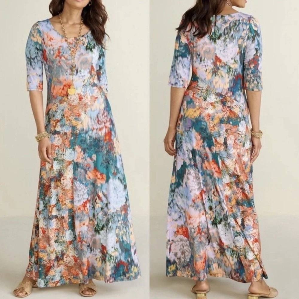Soft Surroundings Nanette Watercolor Maxi Dress Scoop neck Floral Abstract 1X - Picture 1 of 5